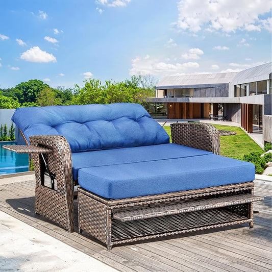 Patio Rattan Daybed, Wicker Recliner Loveseat for Two with Multifunctional Recliner and Stowable Side Tray, 5 Level Adjustable Backrest (Brown Wicker/Blue Cushion)