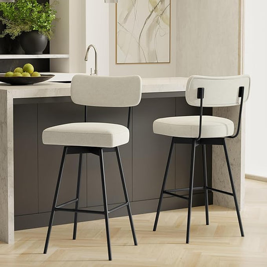 SIMPLIHOME Giselle Counter Stools (Set of 2) - 24 Inch Seat Height Swivel Upholstered Metal Kitchen Stools in Natural Polyester Linen, Contemporary Modern Seating with Padded Seat and Backrest