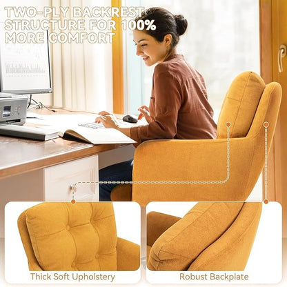 Velvet Office Chair, Comfy Home Office Desk Chairs with Lumbar Support, Modern Velvet Desk Chair Gold Legs Small Swivel Task Chair for Home Office, Bedroom, Study (Yellow, L)