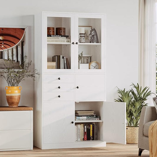 IRONCK Bookcase with Doors, Bookcases and Bookshelves with Drawers, 5 Tier Book Shelf with Acrylic Doors, Display Shelf for Living Room, Home Office, Study, White