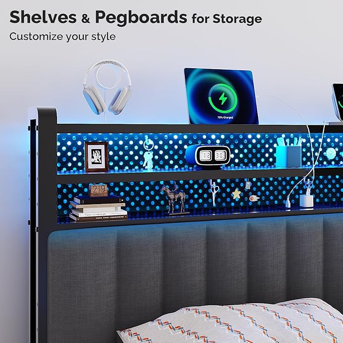 VINGLI Queen Size Headboard Only, Adjustable Upholstered Headboard with 3 Tier Shelves and Pegboard with Charging Stations and LED Lights, Modern Bed Headboard with Storage for Bedroom Decor