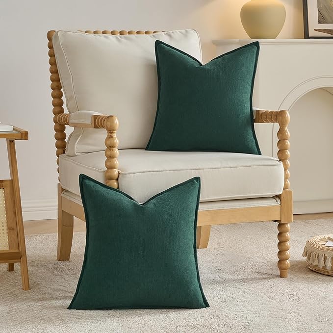 FUTEI Christmas Dark Green Chenille Throw Pillow Covers 20x20 Inch Set of 2,Edges Double-Stitched Cushion Cases,Modern Home Decor for Couch Living Room