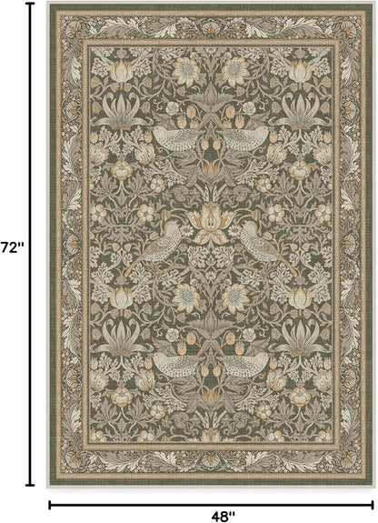 RUGGABLE x Morris & Co Machine Washable Area Rug – Strawberry Thief Stone Gold 4x6, Stain-Resistant, Non-Slip – Medium Rugs for Living Room, Bedroom, Hallway, Entryway & Office–with Cushioned Pad
