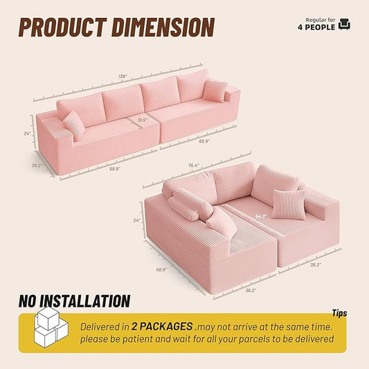 138" Modular Sofa Memory Foam Sectional Couches for Living Room, Sleeper Sofa Bed, Corduroy, Pink