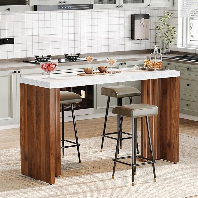 Tribesigns Home Bar Unit, 55.12-Inch Bar Table with a Faux Marble Finished Tabletop, Modern Freestanding Mini Bar for Home Kitchen, Living Room, Balcony, Basement, Walnut & White (Set of 2)