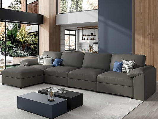 EASE MOOSE Oversized Modular Sectional Sofa,Leather Sectional Couch with Deep Seat,Extra Large L Shaped Couch,Modern Comfy Scratch Resistant Faux Leather Material Sofa,Grey