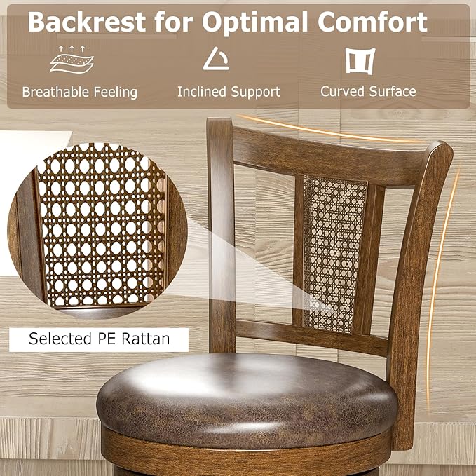 COSTWAY Counter Height Barstools Set of 2, 25” Solid Rubber Wood Swivel Counter Chairs with Faux Leather Seat, Curved PE Rattan Back, for Living Room & Kitchen Island, Brown (2, 25” Seat Height)