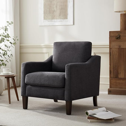 VKNOW Mid Century Modern Accent Chair, Upholstered Living Room Chairs Armchair for Bedroom, Comfy Reading Accent Chairs with Wood Legs for Living Room (1, Dark Grey)
