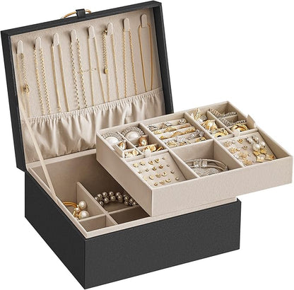 SONGMICS 2-Layer Jewelry Box, Jewelry Organizer with Handle, Removable Jewelry Tray, Jewelry Storage, Floating Effect, 8.1 x 9.4 x 4.3 Inches, Christmas Gift, Black UJBC165B01