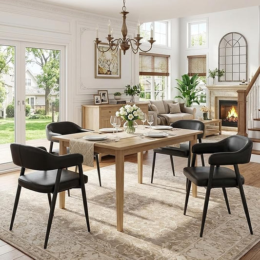 HNY Modern Dining Room Arm Chairs Set of 4, Retro Faux Leather Upholstered Barrel Dining Chairs with Arms Mid-Century Black Accent Chair with Metal Legs, Open-Back Kitchen Side Chair for Living Room