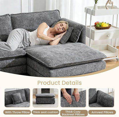 112" Modular Sectional Sofa with Movable Ottoman, L Shaped Couches for Living Room, 3 Seater Comfy Cloud Couch with Removable Cover, Armrest Pillow (Grey)