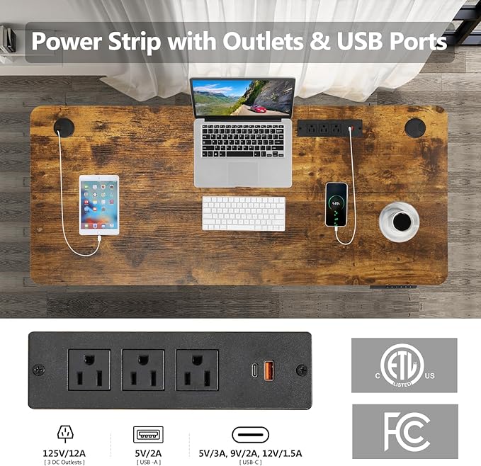 farexon Electric Standing Desk 63 x 24In with Outlets,Rolling Stand up Desk with Oversized Mouse Pad, 2 USB Ports & 3 Power Outlets, 4 Caster, 4 Preset Heights Easy to Set for Home Office(Brown)