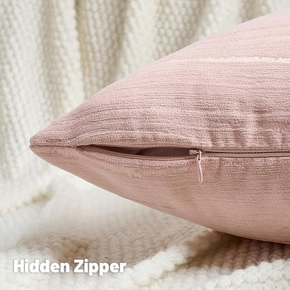 FUTEI Pink Chenille Decorative Throw Pillow Covers 18x18 Inch Set of 2,Soft Embossed Striped Textured Cushion Case,Modern Home Decor for Couch Bed Living Room