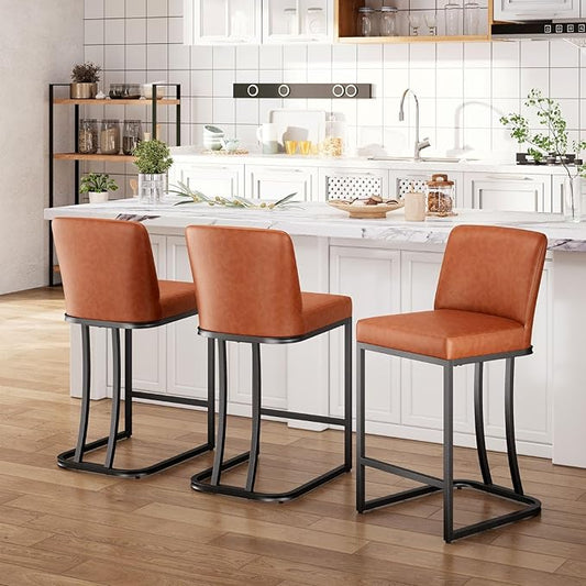 Sophia & William Bar Stools Set of 3,Counter Height 24" Bar Stools with Back,Modern Faux Leather Bar Chairs for Kitchen Island,Brown