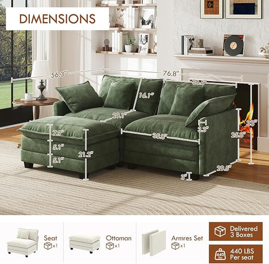 WorthFurni 77 Inch L Shape Cloud Sofa, Modular Sectional Couch with Ottoman, Comfy Chenille Deep Seat Loveseat with Pillow for Living Room Bedroom Apartment (Green)