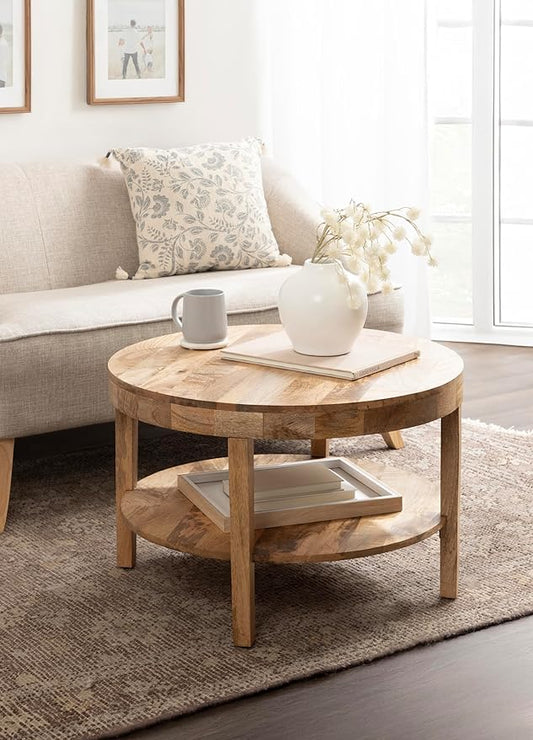 Kate and Laurel Talcott Tiered Modern Round Coffee Table, 28 x 28 x 18, Natural Wood, Transitional Two-Tier Circle Living Room Table with Storage and Mango Wood Construction