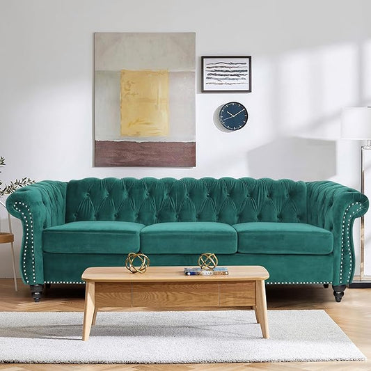 Home Sofa Living Room Furniture, 3 Seater 84" Velvet Upholstered Couch, Mid Century Modern Comfy Couch with Cushions, Classic Tufted Chesterfield Couches for Bedroom, Office, Apartment (Green)