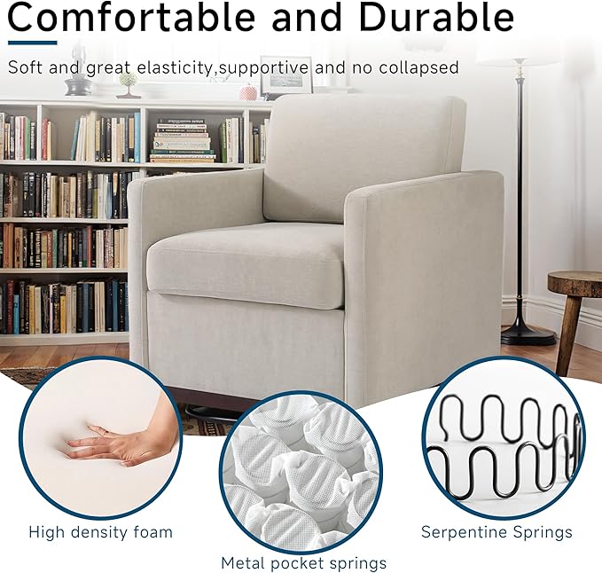 Pia Ricco Single Swivel Barrel Chair, Mid-Century Modern Accent Armchair with Plush Chenille Upholstery for Living Room & Cozy Reading Nook, Sand