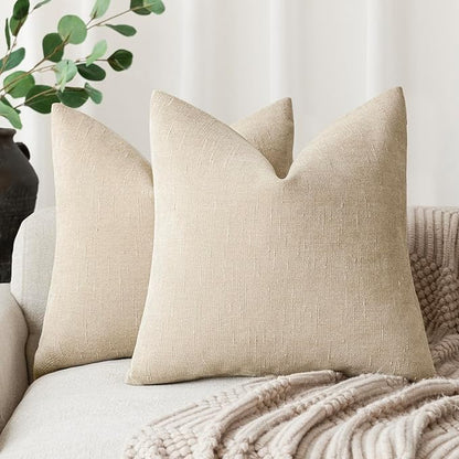 Foindtower Pack of 2 Soft Textured Chenille Throw Decorative Pillow Covers Square Accent Solid Cushion Cover Cozy Neutral Farmhouse Pillow Case for Couch Sofa Bedroom Living Room 26x26 Inch, Beige