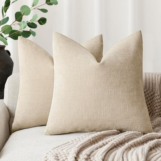 Foindtower Pack of 2 Soft Textured Throw Decorative Pillow Covers Square Accent Solid Cushion Cover Cozy Neutral Farmhouse Pillow Case for Couch Sofa Bedroom Living Room 18x18 Inch, Beige