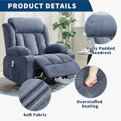 Rocker Recliner Chair with Heat and Massage, 360° Swivel Oversized Recliner for Adults, Single Sofa Seat with 3 Positions, 2 Side Pockets, Cup Holders, and USB Ports, Lazy Boy Recliner (Large, Blue)