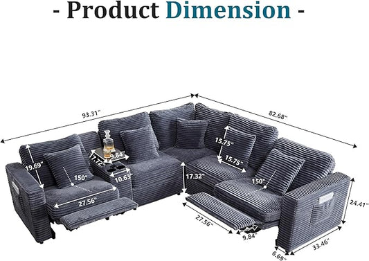 Oversized Modular Sectional Sofa with 2 Power Reclining, Electric Recliner Couch with Storage Console and Adjustable Headrest, Plush Corduroy Fluffy 5 Seat Corner Sofa for Living Room-Blue Grey