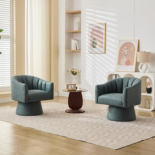 Swivel Accent Chair Set of 2,Faux Leather 360°Swivel Barrel Chair Upholstered Modern Living Room Chair, Overstuffed Reading Armchair for Bedroom,Vanity,Office-Navy