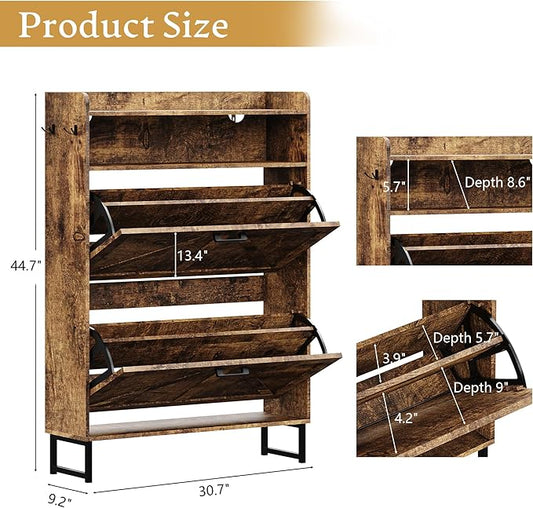 Shoe Storage Cabinet with 2 Flip Drawers, Narrow Wood Shoe Cabinet Storage for Entryway with Metal Legs & Hooks, Adjustable Shelves, Freestanding Shoe Rack Organizer for Foyer, Hallway, Brown