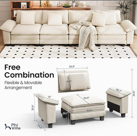 PHI VILLA Cloud Modular Couches Sets, 157.5" Sectional Sofa with Upholstered Deep Seat, 4-Seater Long Couches for Living Room Apartment, Chenille Fabric, Beige