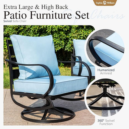 Sophia & William Patio Furniture Sets 5 Seats Outdoor Metal Conversation Sets 4 Pcs with 2 x Cushioned Swivel Sofa Chairs,1 x 3-Seat Sofa, 1x Marbling Metal Coffee Table Lawn Backyard Poolside Blue