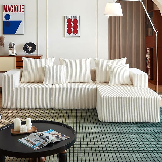 Cloud Couch Sectional, 101 Inch Modular Sectional Sofa with Deep Seat, Compressed Memory Foam Sofa in a Box, Beige Corduroy Boneless Couches for Living Room, No Assembly Required