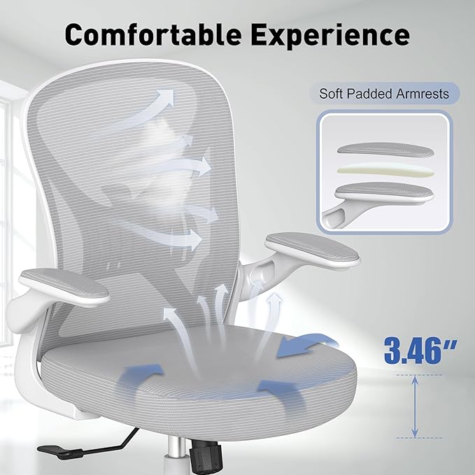 ZZH Ergonomic Office Chair with Adjustable Lumbar Support, Mesh Home Office Desk Chair with Wheels and Flip-up Arms, Grey