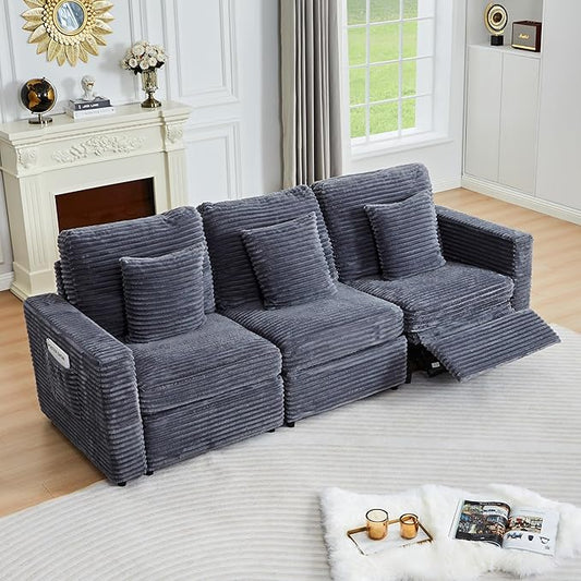 Power Reclining Sectional Sofa, Electric 3 Seat Recliner with 1 Electric Footrest and Adjustable Headrest, Modern Plush Corduroy Fluffy Reclining Sectional with Deep Seat for Living Room-Blue Grey