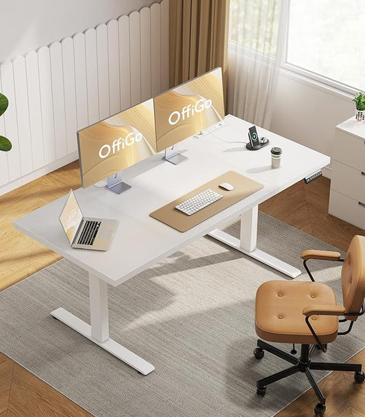 OffiGo Electric Standing Desk with 3-Piece Board, 71 Inch Height Adjustable Large Table with Power Outlets, Sit Stand Table, Writing Computer Desk for Home, Office, Workstation, White
