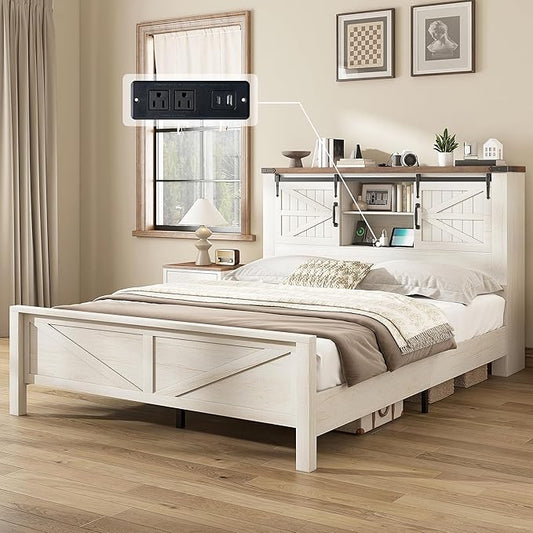 AMERLIFE Farmhouse Queen Bed Frame with Storage Headboard & Charging Station, Rustic Wood Platform Bed with Barn Door Bookcase, No Box Spring Needed, Antique White Bedroom Furniture