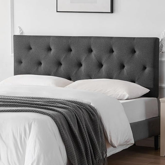 Linen Upholstered Headboard Twin Size, Diamond Tufting Solid Wood Twin XL Headboard Only, Adjustable Height from 37” to 51” Head Board, Dorm Bed Frame or Wall Mount Headboards, Dark Grey