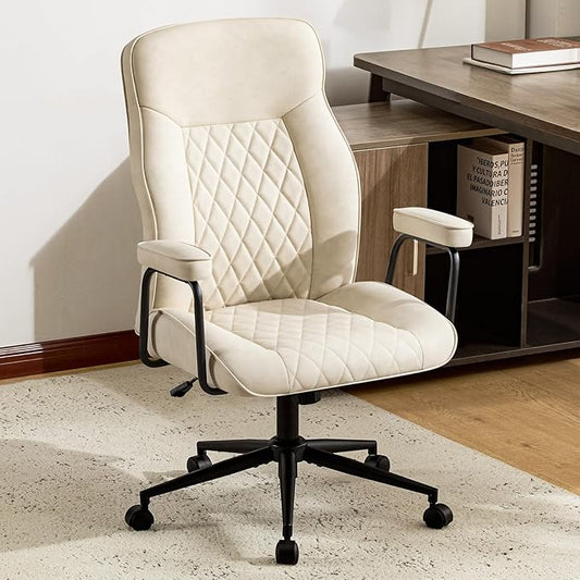 Leather Home Office Desk Chairs, Comfy Office Chair, Mid Century Modern Office Chair with Lumbar Support, Mid-Back Adjustable Swivel Computer Chair with Wheels and Arms, Beige