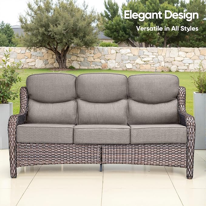 Swivel Patio Chairs sofa Set of 7 with 6" Thick Cushion - Wicker Outdoor Swivel Rocker Patio Chair ,Sofa/Glass coffee table, High Back Comfortable Outdoor Glider Chairs - Brown Wicker | Gery Cushions