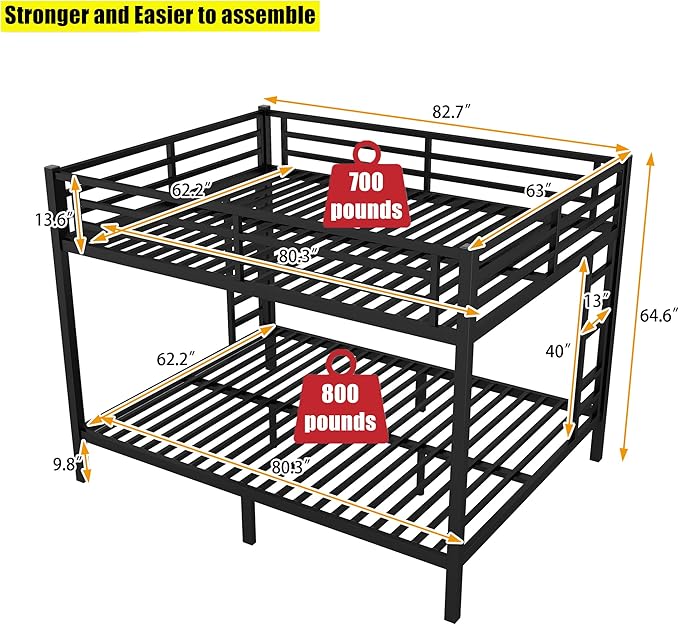 Higher Quality & Stronger Metal Queen Over Queen Bunk Bed, Thickened Heavy Duty More Stable Safer Black Steel Bunkbed (Easier to Assemble)