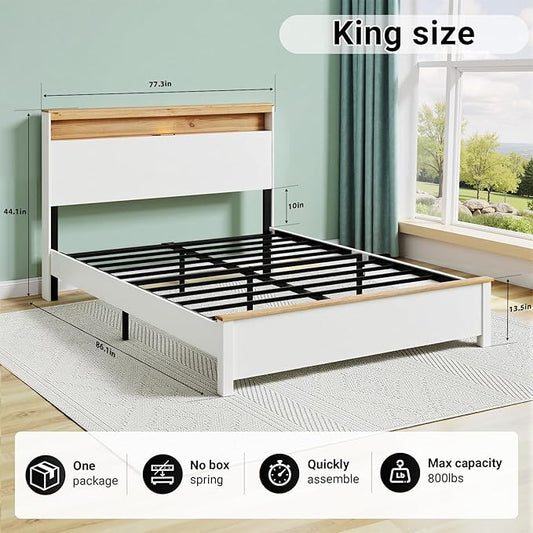 King Bed Frame, Wood Platform Bed Frame with Storage Headboard, Charging Station, Modern Bedframe King Size, 800lbs Capacity, Metal Slat Support, Noise-Free, No Box Spring Needed, White