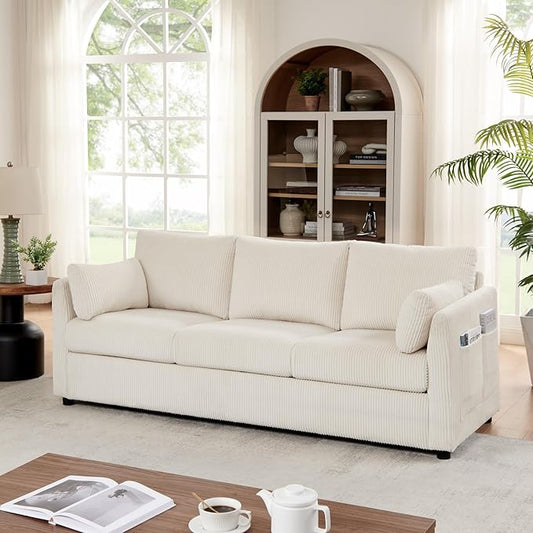 79 inch Sofa for Living Room,Mid Century Modern Couch with Big Pockets, Corduroy Couch with Three Cushions and Solid Wood Frame for Apartment and Small Spaces (Beige, Sofa)