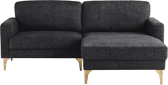 Studio Living® Matthew 83.5" Sofa Chaise, Mid-Century Modern, Pocket Coil Comfort, Reversable Chaise, Metal Brushed Bronze Legs, Chenille Fabric, Black