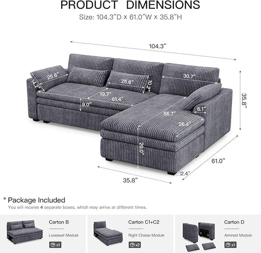 Belffin Large Modular Sectional Sofa with Deep Chaise, 104" Corduroy L Shaped Couch with 9" Soft Dual-Layer Seats Cushion for Living Room, Apartment, Light Grey