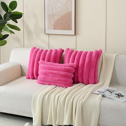 FUTEI Hot Pink Decorative Throw Pillow Covers 24x24 Inch Set of 2, Square Soft Faux Rabbit Fur Thick Striped European Cushion Covers,Winter Home Decor for Couch Bed Living Room