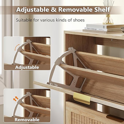 Shoe Cabinet for Entryway with 3 Flip Drawers, Slim Wooden Shoe Storage Organizer with Modern Fluted Pannel，Freestanding Narrow Hidden Shoe Rack for Hallway, Foyer, Living Room