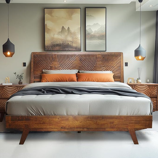 Acacia Harmony Queen Platform Bed Frame – Solid Rubber Wood, Walnut Finish, Mid-Century Style, Unique Wood Grain Pattern, 800lbs Capacity, No Box Spring Required, Easy Setup