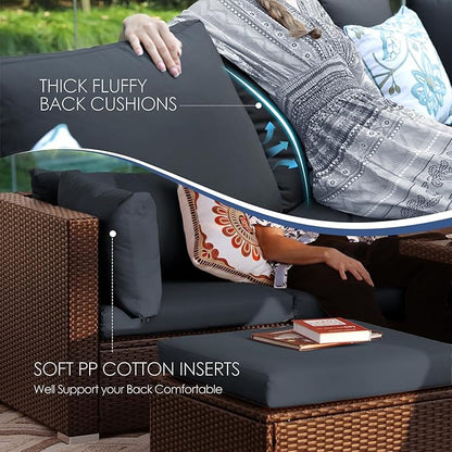 NICESOUL 10 Piece Outdoor Patio Furniture Set with Fire Pit Natural Gas/Propane, 29.3'' High-Back XL Big Size Wicker Sectional Sets, Deep Wide Sofa Couch for Outside, Brown Rattan and Grey Cushion
