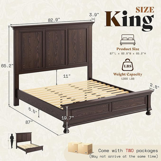 AMERLIFE Solid Wood King Bed Frame with 65.2" High Headboard, Traditional Platform Bed with Heavy Duty Slats, No Box Spring Needed, Easy Assembly, Dark Brown