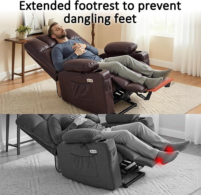MCombo Large Dual Motor Power Lift Recliner Chair for Elderly, Massage and Heat, Lay Flat, Zero Gravity, Home Button, USB Port, Faux Leather 7680 (Light Brown, Large)