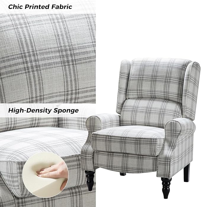 HULALA HOME Upholstered Wingback Recliner Chair, Small Adjustable Footrest Push Back Single Reclining Sofa, Mid Century Modern Lounge Armchair for Living Room, Bedroom, Reading/Plaid Grey